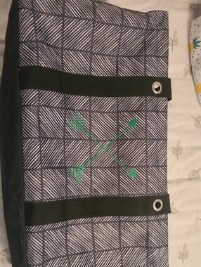 thirty-one Tote with Black & White Striped Trim and Lavender Interior